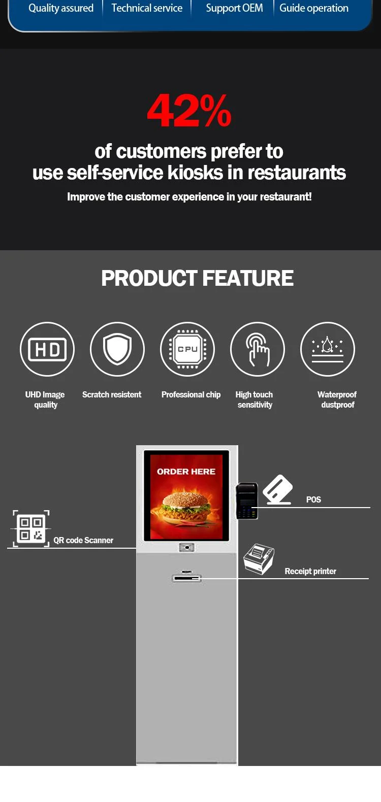 Touch Screen Payment Kiosk Food Ordering Machine Self-Service Kiosk for Restaurant